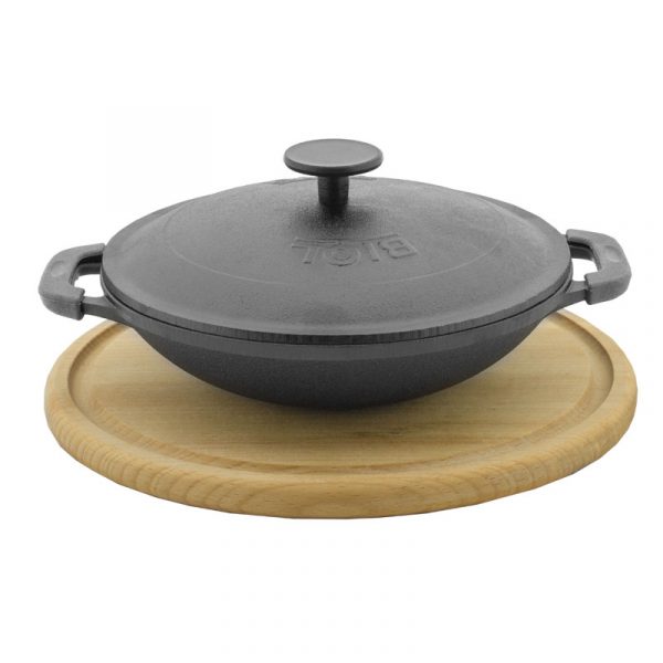 Сковорода Біол 14см WOK порційна чавунна з кришкою і дерев'яною підставкою, чорна матова емаль